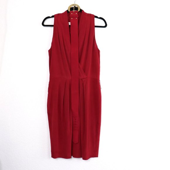 JONES NEW YORK Silk Dress Grecian V-Neck Wrap Bodice, Knee Length : Neon Red Sz - Picture 2 of 16